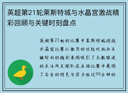 英超第21轮莱斯特城与水晶宫激战精彩回顾与关键时刻盘点