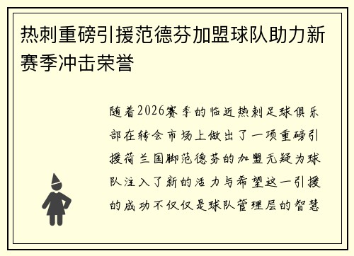 热刺重磅引援范德芬加盟球队助力新赛季冲击荣誉